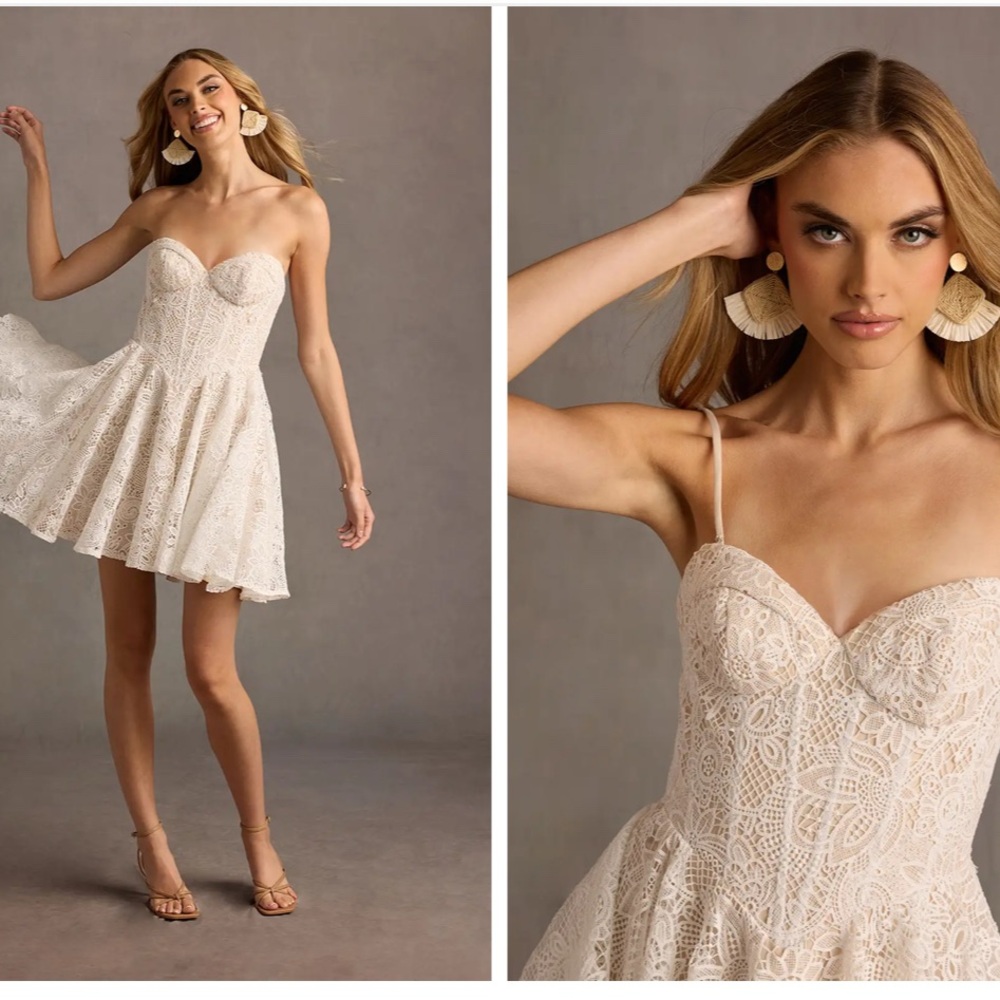 Azazie Cream Strapless Lace Dress